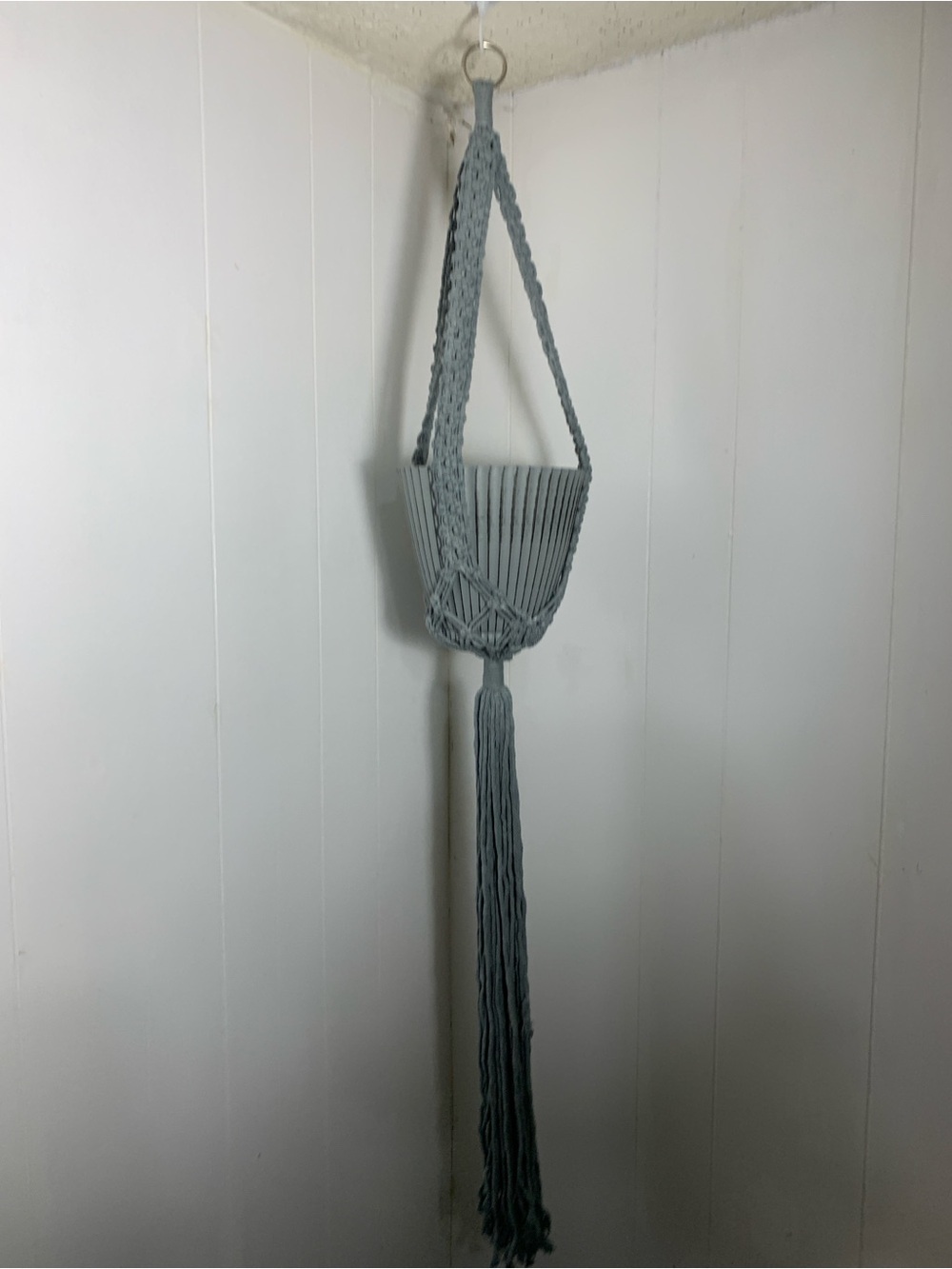 Gray Macrame Plant Hanger with Gray Pot. NEW.